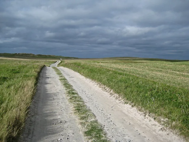 A track across cultivated machair towards the coast at Balranald