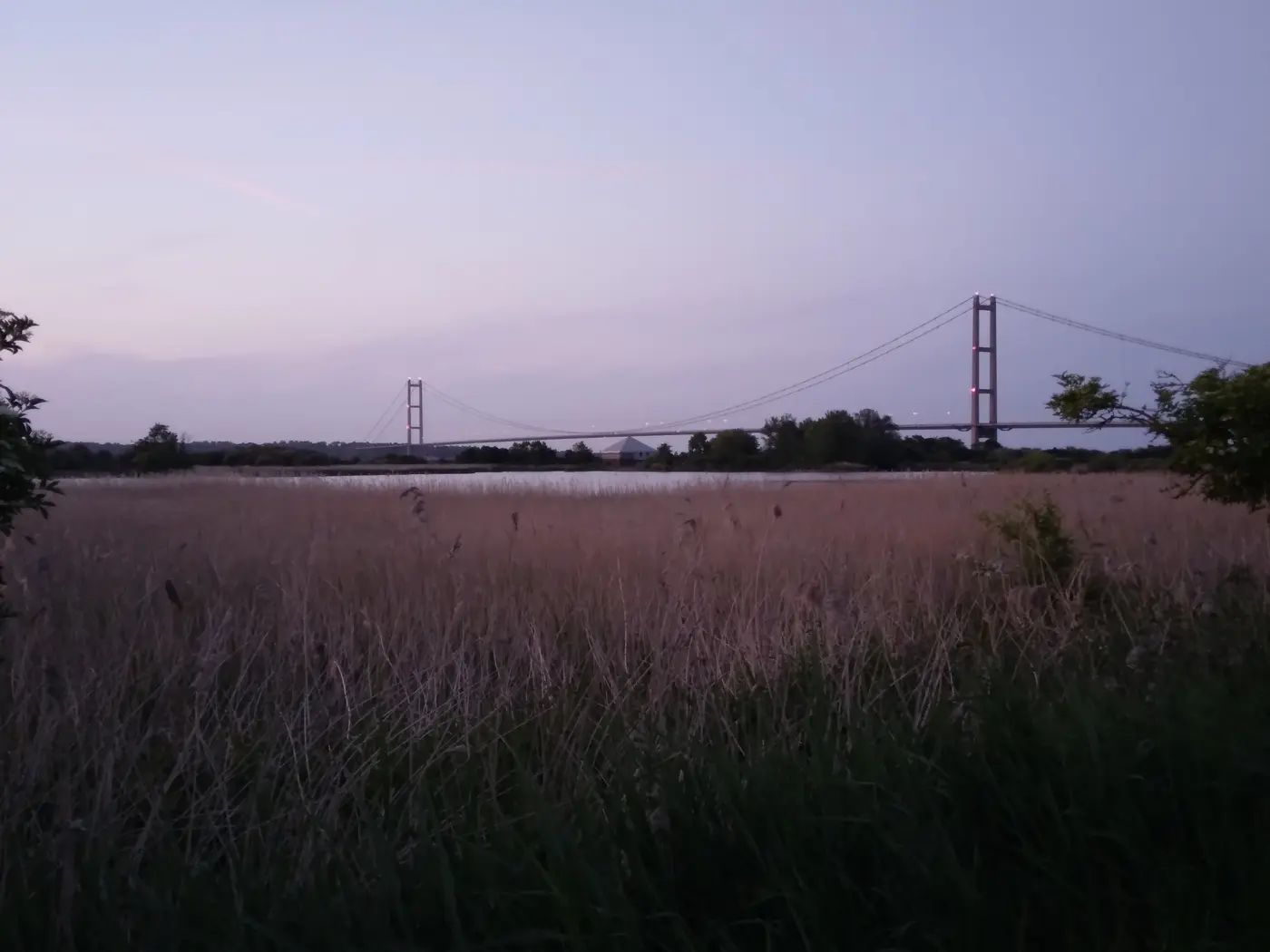 Humber Bridge rising beyond the reedbeds and pools of Far Ings