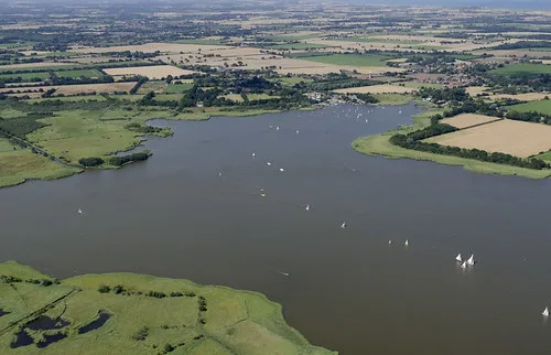 Aerial view across Hickling Broad and its surrounding reedbeds and fields