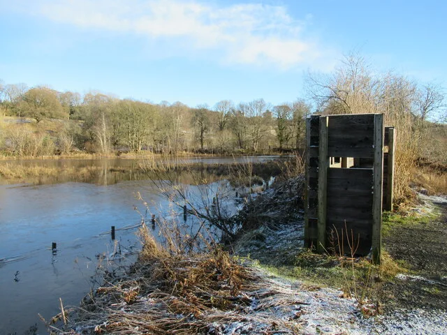 Wooden viewing screen beside partly frozen wetland at Baron’s Haugh