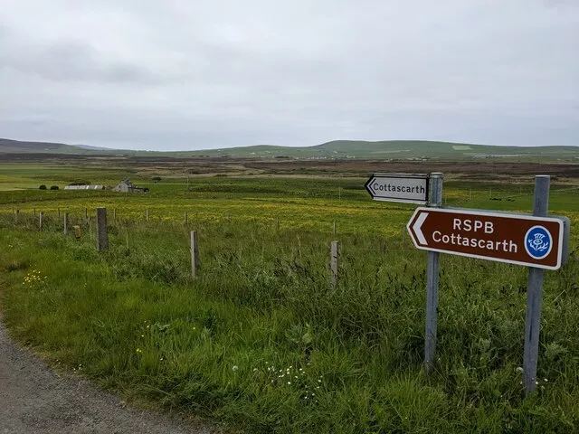 RSPB Cottascarth direction sign beside Orkney farmland