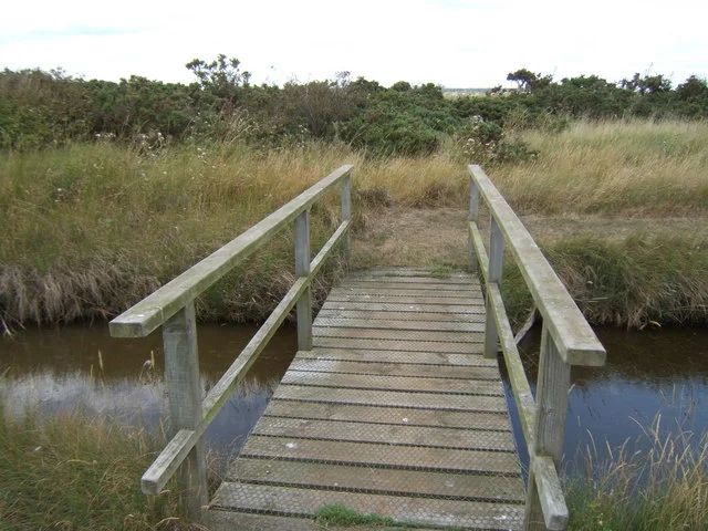 Wooden footbridge and path across Havergate Island marshland.