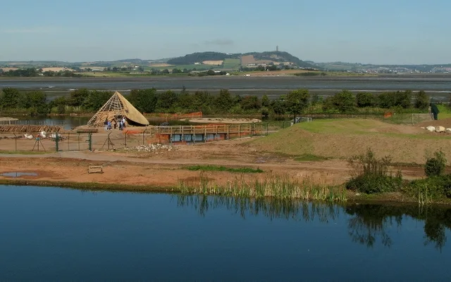 Wetland pools at Castle Espie looking towards Strangford Lough and distant Scrabo Tower