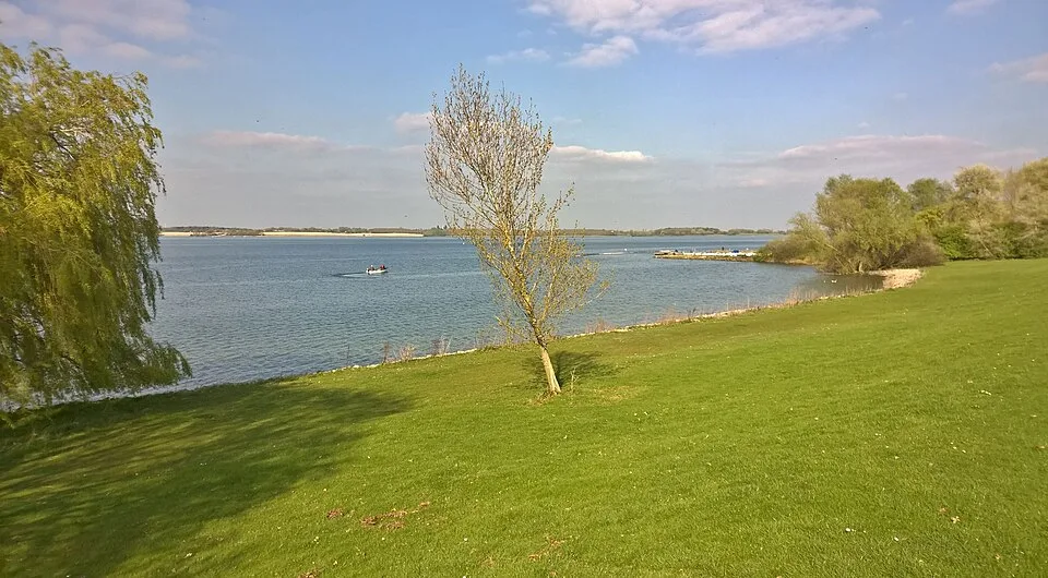 Grafham Water at Mander Park showing the public birdwatching landscape
