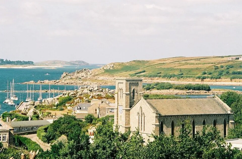 St Mary’s church and the coastal landscape around Hugh Town in the Isles of Scilly