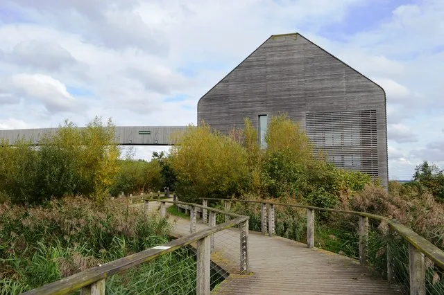 Timber visitor centre and raised bridge at WWT Welney overlooking the flat Fenland reserve