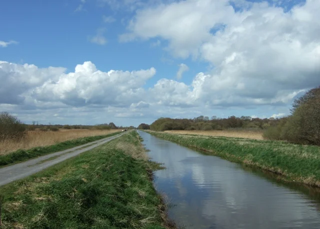The South Drain canal and adjoining public track at Shapwick Heath